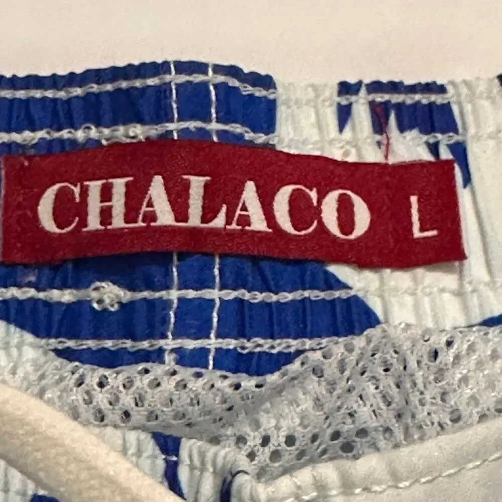 Chalaco Hibiscus Floral Swim Trunks Blue and White | Men Size Large